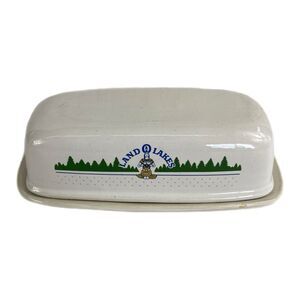 Vtg. Land O’ Lakes Ceramic Butter Dish Featuring Brand Logo & Pine Tree Design
